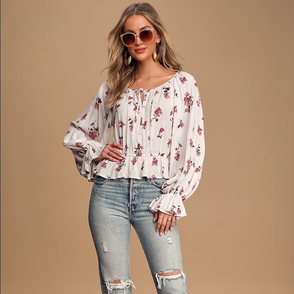 NWT White Floral Print Ruffled Long Sleeve Blouse - Picture 3 of 4